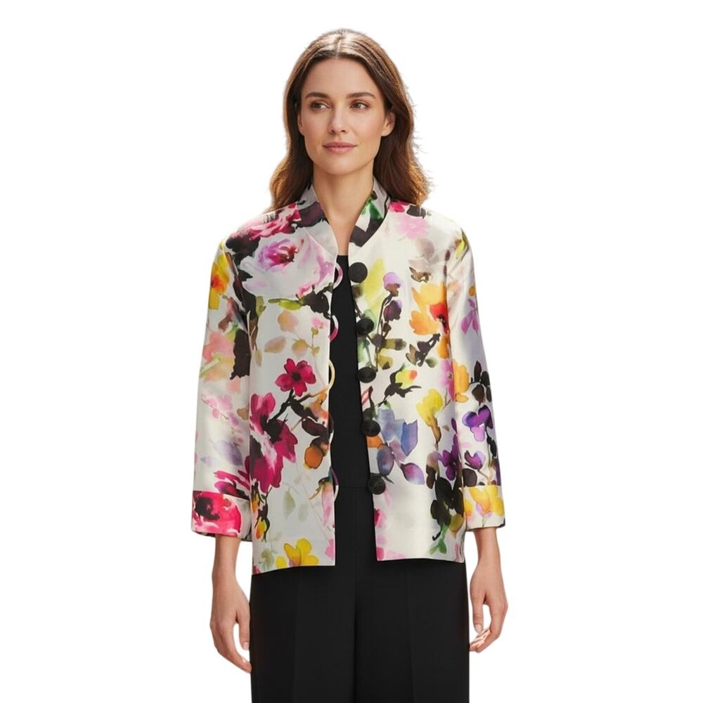 Caroline Rose Brilliant Bouquet Floral Mandarin Collar Bracelet Sleeve Jacket S